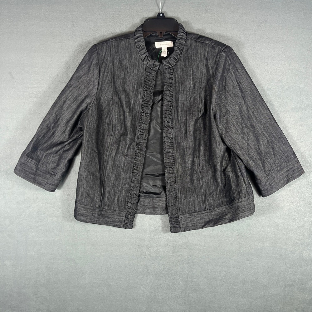 Dressbarn Womens Jacket XL Black Ruffle Open Front 3/4 Sleeve Cropped Bolero